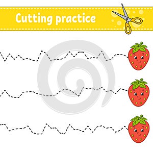 Cutting practice for kids. Education developing worksheet. Activity page with pictures. Game for children. Isolated vector
