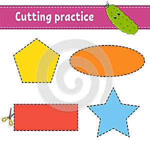 Cutting practice for kids. Education developing worksheet. Activity page with pictures. Game for children. Isolated vector