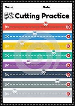 Cutting practice for kids to cut the paper with scissors to improve motor skills, coordination and develop small muscles