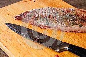 Cutting raw fish tuna food, fresh japan