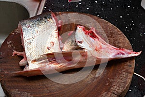 cutting slice of raw fish