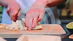 Cutting toast bread on the kitchen