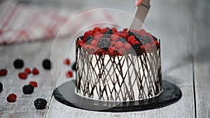 Cutting trendy rustic vertical roll high cake with berry.
