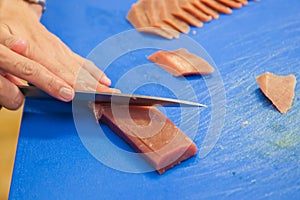 Cutting tuna steak