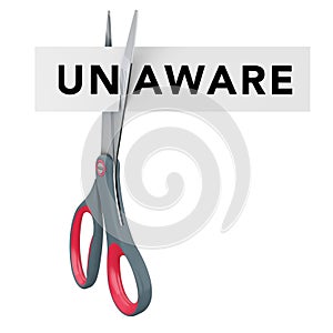 Cutting Unaware to Aware Paper Sign with Scissors. 3d Rendering