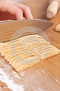 Cutting uncooked homemade egg pasta
