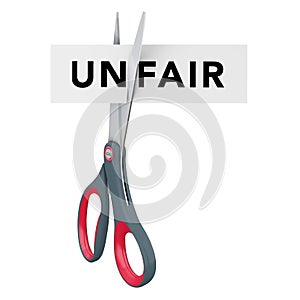 Cutting Unfair to Fair Paper Sign with Scissors. 3d Rendering