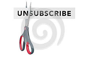 Cutting Unsubscribe to Subscribe Paper Sign with Scissors. 3d Re