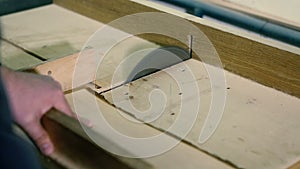 Cutting Wood In Carpenter Workshop With Table Circular Saw