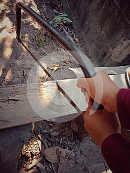 Cutting wood with a saw