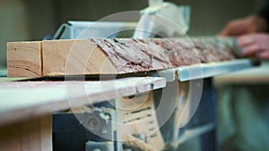 Cutting wood at a wood factory. Close up clips of sawing wood. A sawmill is a facility where logs are cut into lumber.