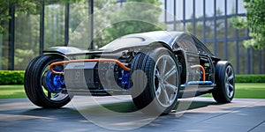 Cuttingedge Electric Car Showcasing Ecofriendly Powertrain And Connection To Power Source