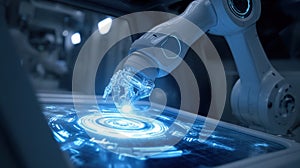 A cuttingedge robot arm manipulating a freshly printed optical component in a sterile manufacturing chamber with a