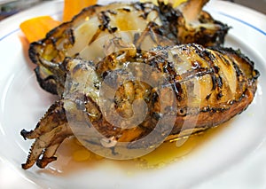 Cuttlefish grilled with their guts all inside.