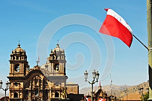 Cuzco, Peru: Panoramic view of the Main the first Christian church to be built in Cusco. The Iglesia de la Compania de Jesus, photo