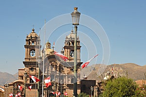 Cuzco, Peru: Panoramic view of the Main the first Christian church to be built in Cusco. The Iglesia de la Compania de Jesus, photo