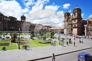 Cuzco,Peru:Panoramic view of the Main the first Christian church to be built in Cusco. The Iglesia de la Compania de Jesus, photo