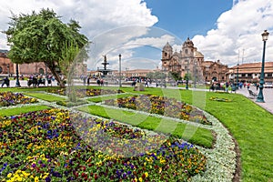 Cuzco in Peru, panoramic view of the Main square an the cathedral church