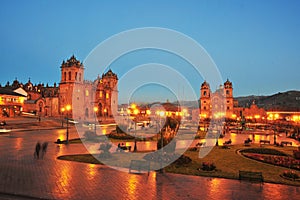 Cuzco, Peru: Panoramic view of the Main square an the cathedral church