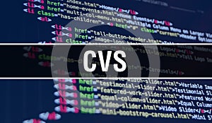 CVS concept illustration using code for developing programs and app. CVS website code with colourful tags in browser view on dark