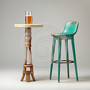 Cyan And Amber Wooden Stool And Glass Table For Lively Tavern Scenes