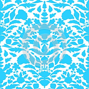 Cyan, blue floral damask ornament on white background, floral seamless pattern.