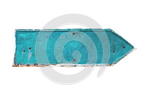 Cyan color arrow shape from a rusty and grunge metal iron plate with peeling coating