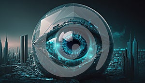 Cyan cyberpunk eye in glass ball staying on fututristic city background. Macro image of human eye. Buildings, sky on backdrop. Ai