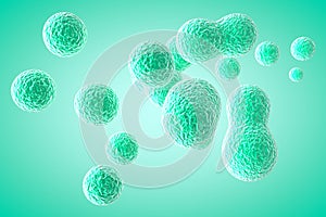 Cyan elastic metaball in 3d. Small molecules are separated from the liquid sphere and bound together. Virus decaying in 3d render