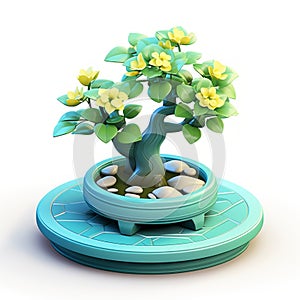 Cyan Flower Bonsai: 3d Miniature Tree In Pot With Chinese Cultural Themes