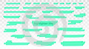 Cyan highlighter lines set isolated on transparent background. Marker pen highlight underline strokes. Vector hand drawn