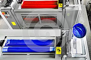 Cyan and magenta printing unit on offset print machine