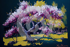 Cyan Magenta Tree Bench with Apple Blossoms