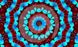 Cyan Mandala Concentric Flower on bloody red background. Kaleidoscope Center. Kaleidoscopic Design Pattern.