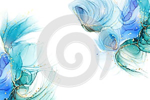 Cyan mint liquid marble watercolor background with gold lines. Teal turquoise marbled alcohol ink drawing effect. Vector
