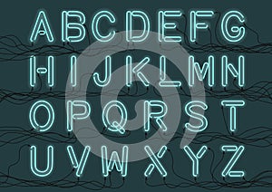 Cyan neon light bulbs custom font with electricity wires connected. Handcrafted alphabet for design.