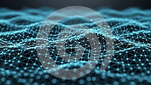 Cyan network of interconnected nodes and lines on a dark background abstract connection