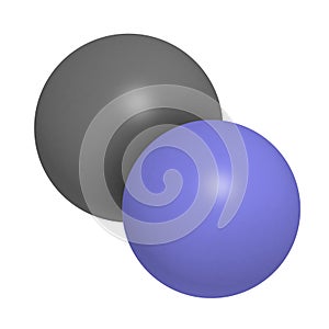 Cyanide anion, chemical structure. Cyanides are toxic, due to inhibition of the enzyme cytochrome c oxidase. 3D rendering. Atoms