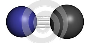 Cyanide anion, chemical structure. Cyanides are toxic, due to inhibition of the enzyme cytochrome c oxidase. 3D rendering. Atoms photo