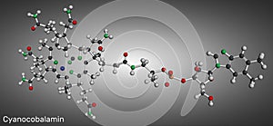 Cyanocobalamin, cobalamin molecule. It is a form of vitamin B12. Molecular model. 3D rendering photo