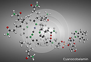 Cyanocobalamin, cobalamin molecule. It is a form of vitamin B12. Molecular model. 3D rendering photo