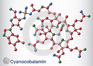 Cyanocobalamin, cobalamin molecule. It is a form of vitamin B12. Molecule model. Sheet of paper in a cage. Vector photo