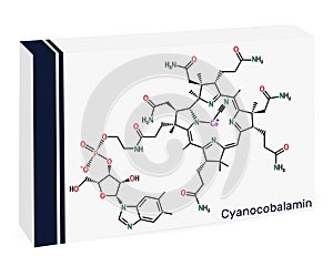 Cyanocobalamin, cobalamin molecule. It is a form of vitamin B12. Skeletal chemical formula. Paper packaging for drugs. Vector photo