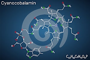 Cyanocobalamin, cobalamin molecule. It is a form of vitamin B12. Structural chemical formula on the dark blue background. Vector photo