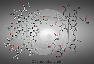 Cyanocobalamin, cobalamin molecule. It is a form of vitamin B12. Structural chemical formula and molecule model photo
