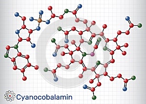 Cyanocobalamin, cobalamin molecule. It is a form of vitamin B12. Molecule model. Sheet of paper in a cage. Vector