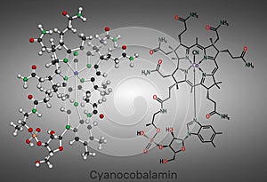 Cyanocobalamin, cobalamin molecule. It is a form of vitamin B12. Structural chemical formula and molecule model