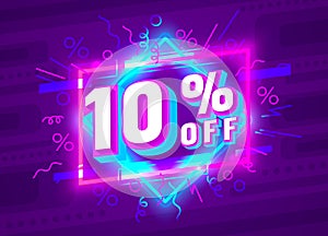 Cyber 10 off sale banner, light neon flyer, retro label. Vector