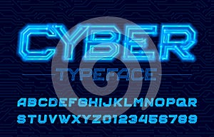 Cyber alphabet font. Neon electronic letters and numbers.