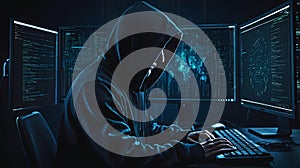 Cyber attack concept. Hacker using laptop and Log On Screen with a code digital on dark background